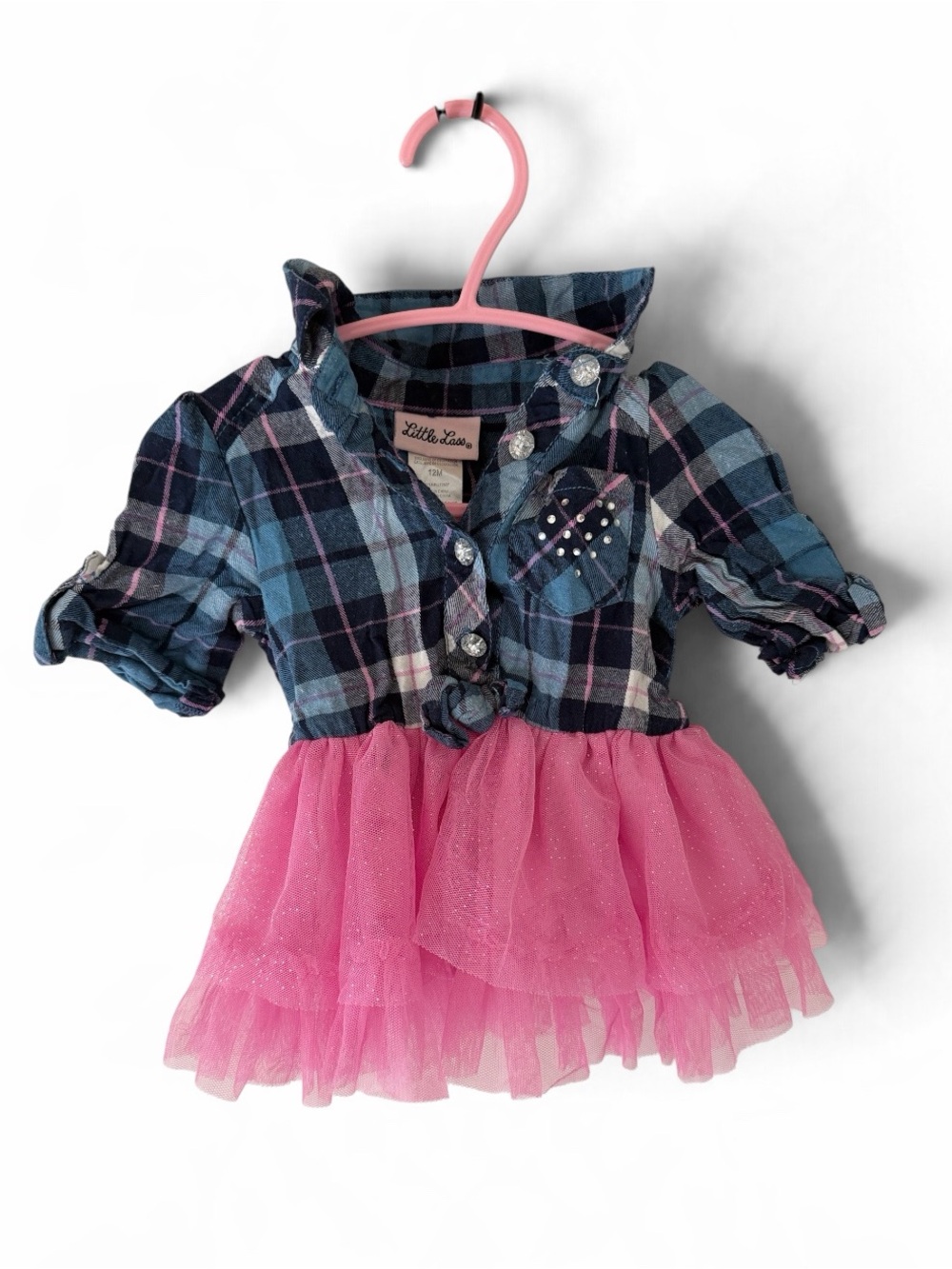 Little Lass Navy Plaid Shirt Top with Pink Sparkle Tulle Skirt